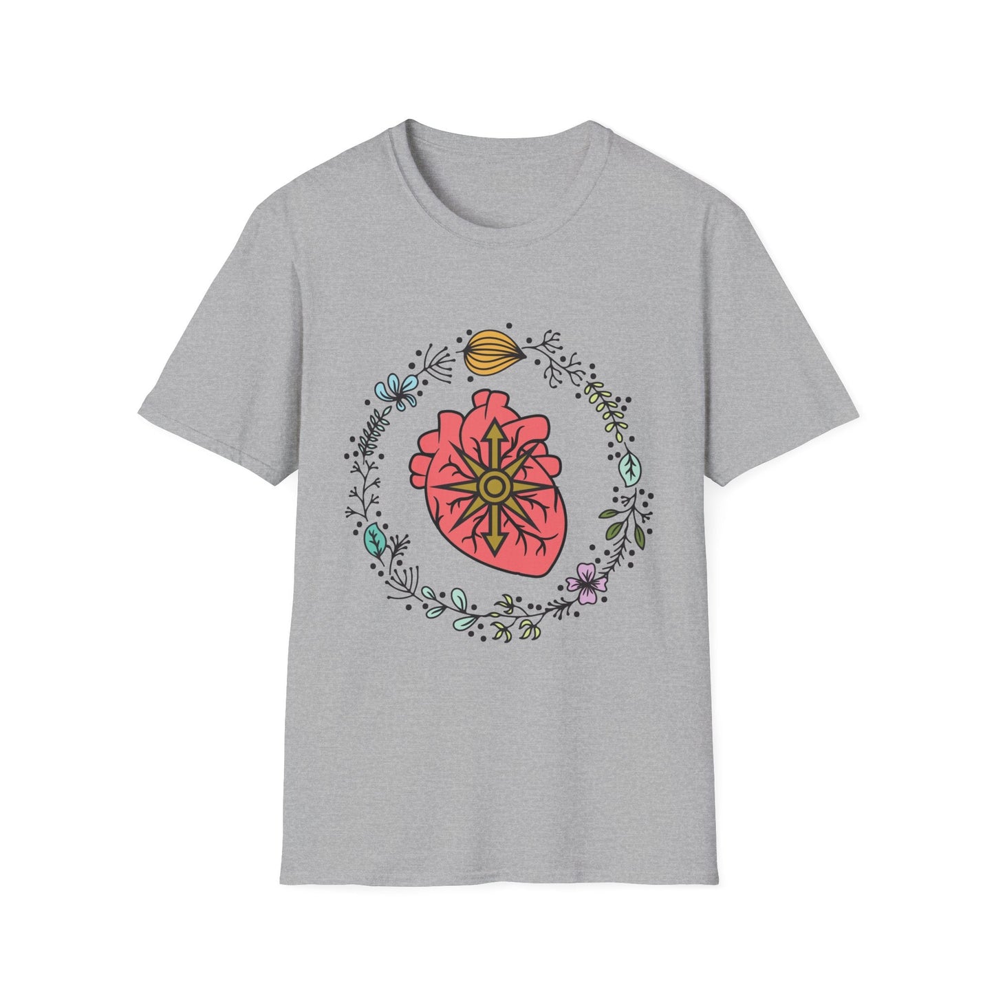 Floral Anatomical Heart T-Shirt — Botanical Heart with Compass Rose Design - Someone Has to Say It
