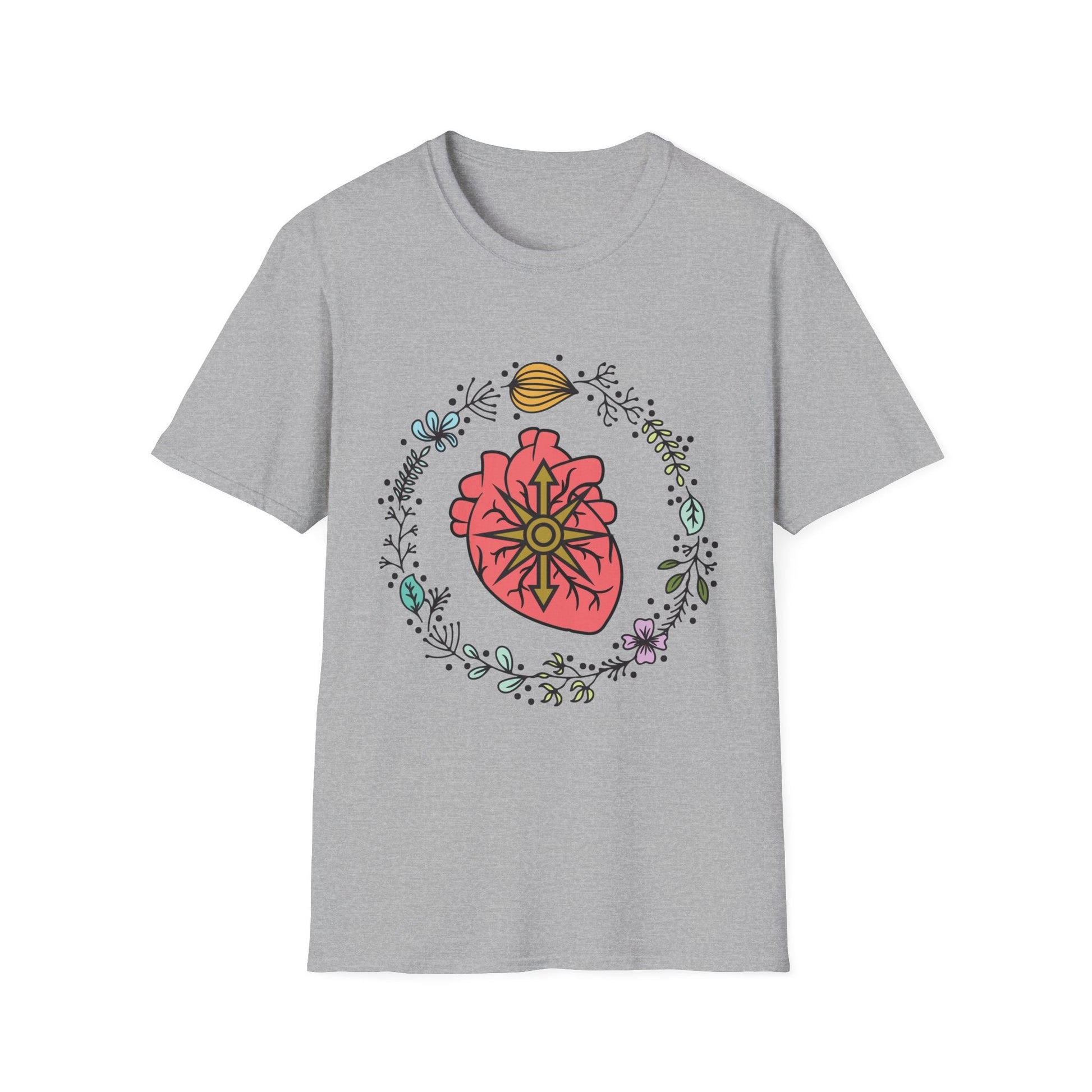 Floral Anatomical Heart T-Shirt — Botanical Heart with Compass Rose Design - Someone Has to Say It