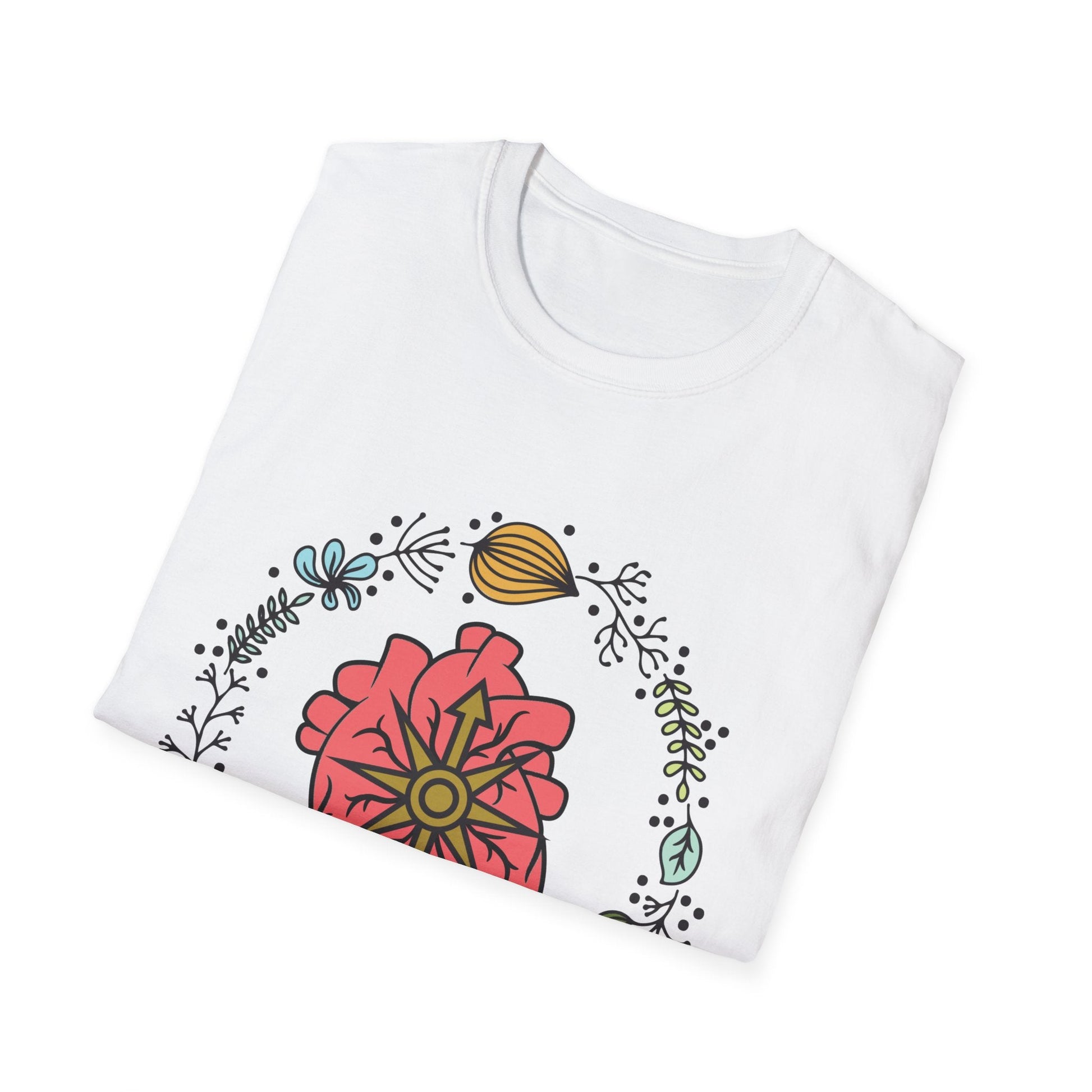 Floral Anatomical Heart T-Shirt — Botanical Heart with Compass Rose Design - Someone Has to Say It