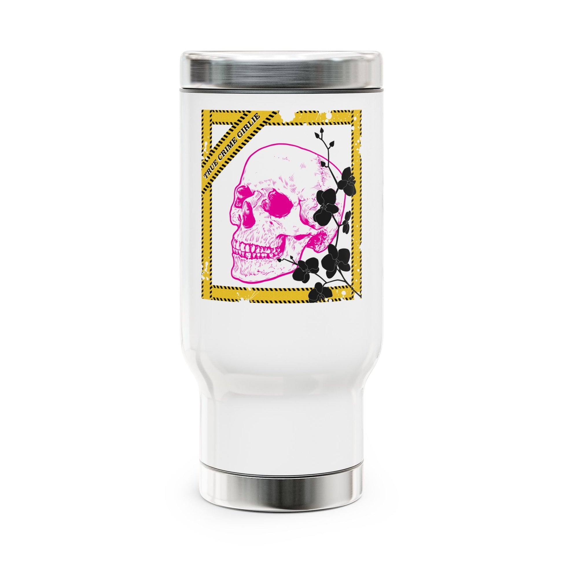 Skull & Orchid "True Crime Girlie" 14oz Travel Mug — Pink Skull Stainless Steel Tumbler with Handle - Someone Has to Say It